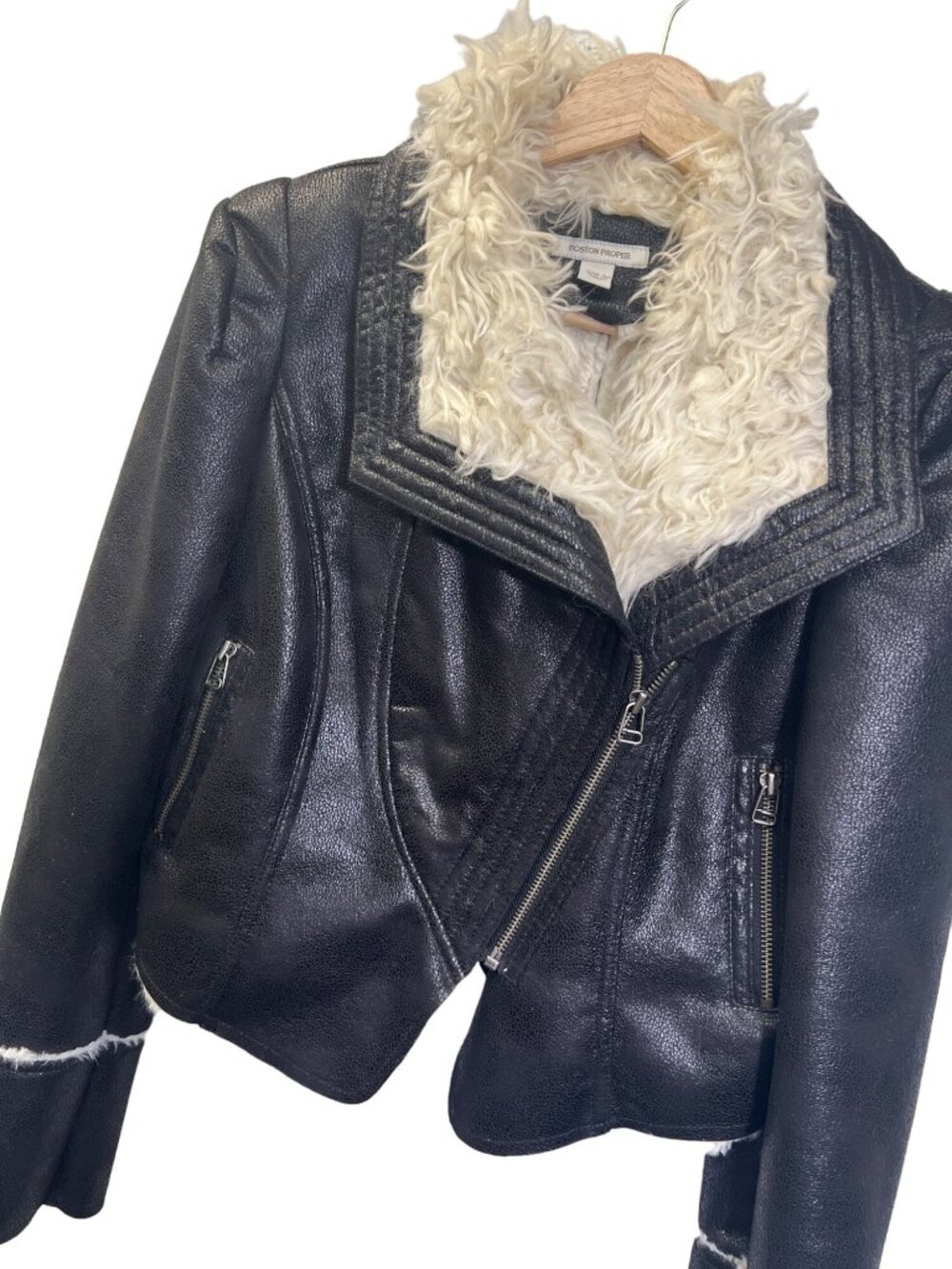 Boston Proper Black Faux Leather Off White Shearling Collar Moto Jacket